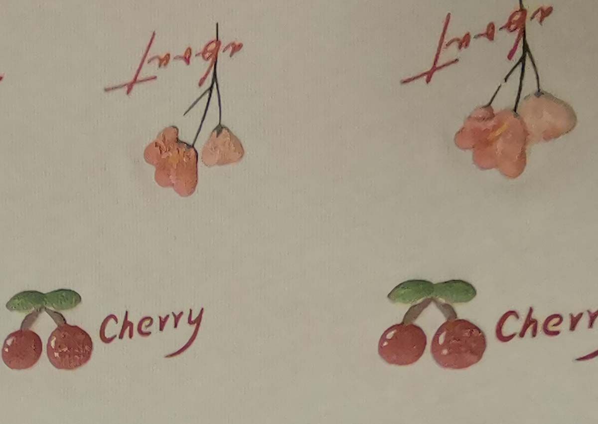 3D puff transfer with high raised cherry illustration on a cream knit garment