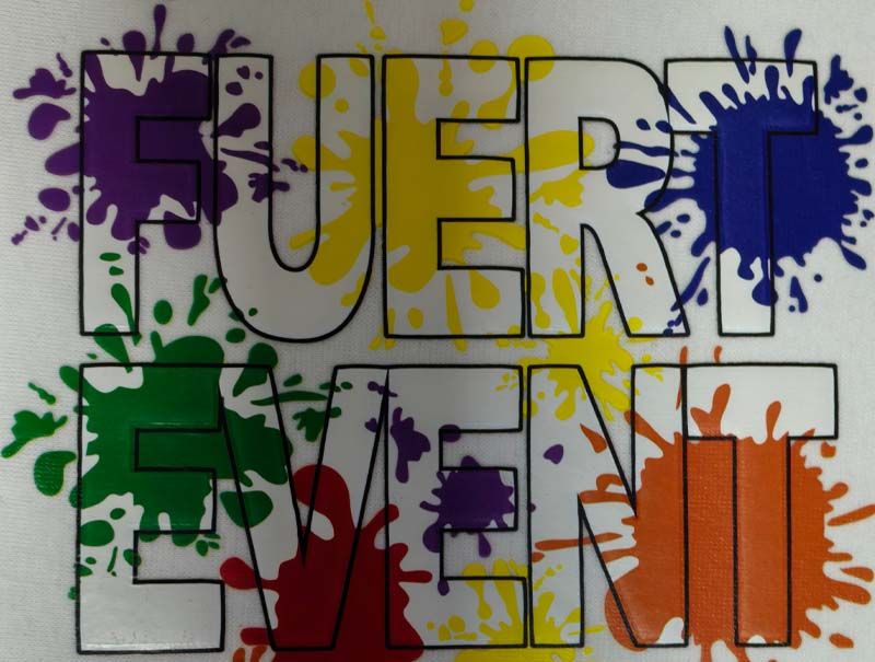 Custom puff transfer with multi-color paint splash and raised 3D lettering on a heat transfer sheet